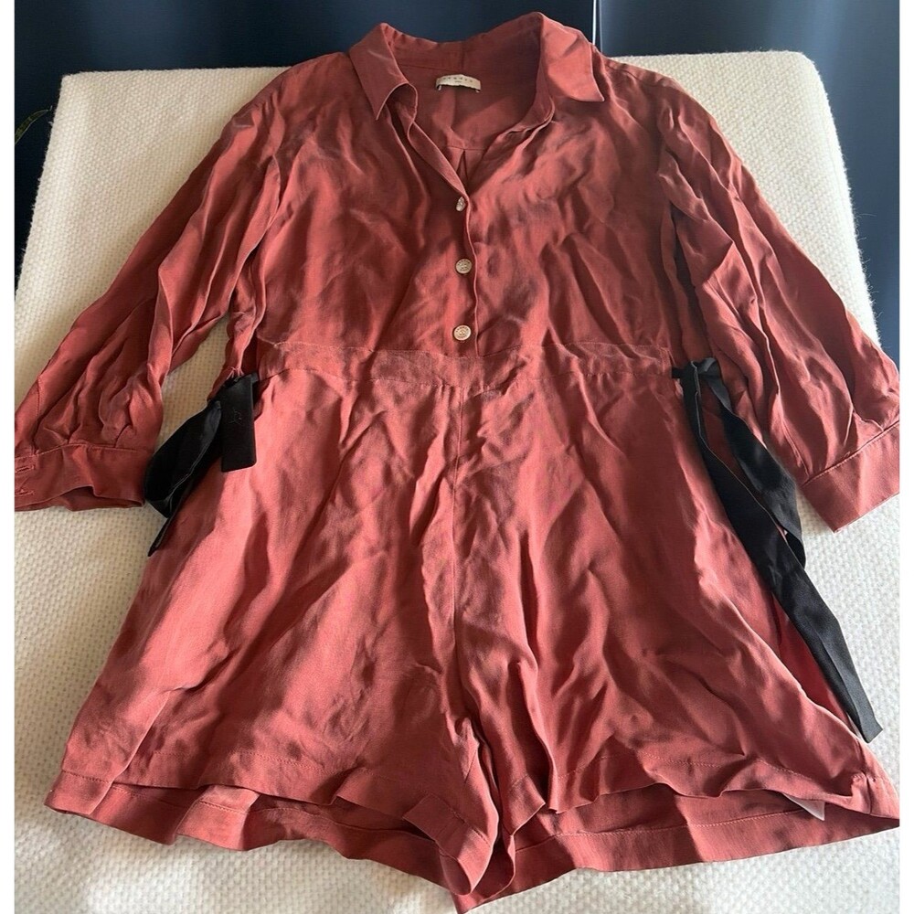 Sandro Paris Button Front Romper Playsuit Rust Orange Side Ties, Pockets